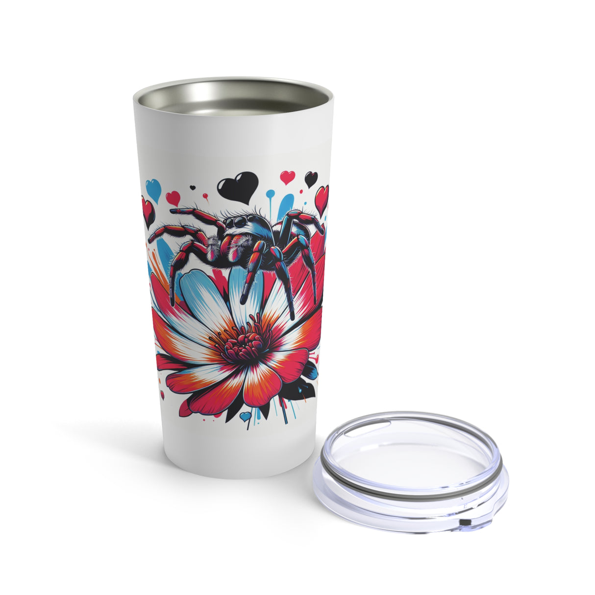 This is a 20oz tumbler with jumping Spider Art and the Bigfatphids logo are printed on it, keeping coffee hot and ice water cold. It can be used as a water bottle or a cup.