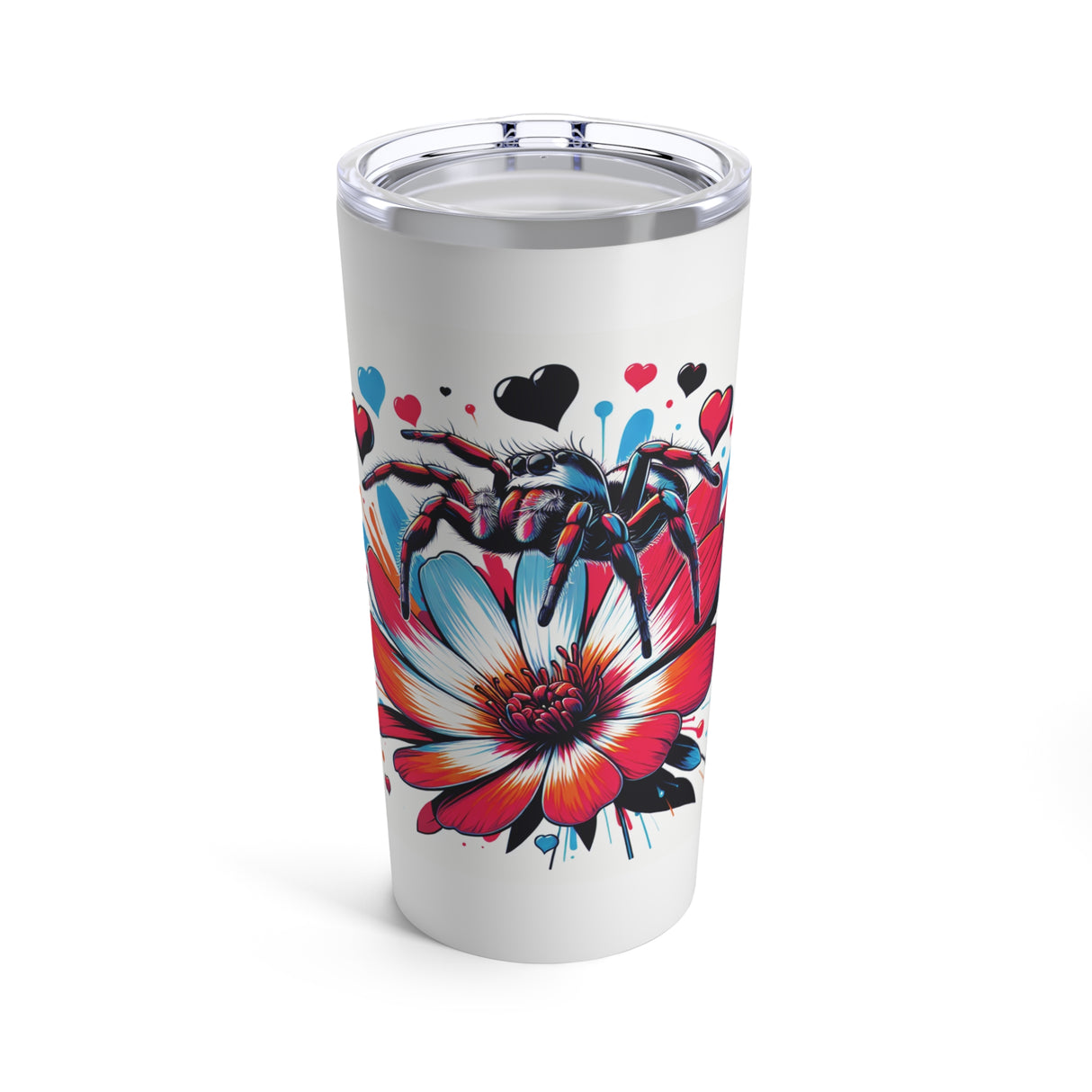 20oz tumbler with lid featuring a regal jumping spider standing on a flower surrounded by hearts.