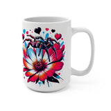 15 oz jumping Spider themes coffee mug with a regal jumping spider standing on a flower with hearts around it.