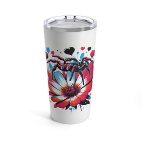 20oz tumbler with lid featuring a regal jumping spider standing on a flower surrounded by hearts.